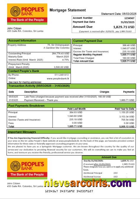 Sri Lanka People’s Bank  mortgage statement